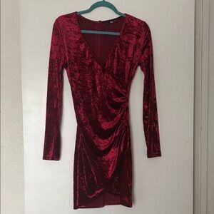 SHEIN Burgundy Velvet Wrap-Style Long Sleeve Mini Dress